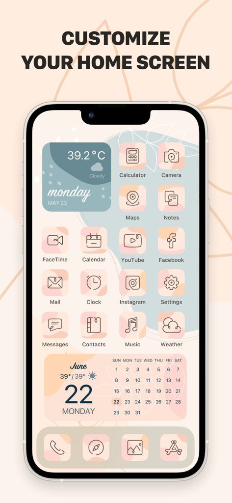 Aesthetic Themes - Preppy Kit - Customized iPhone home screen featuring pastel preppy theme icons and widgets