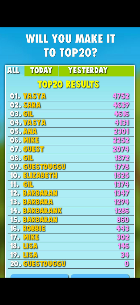 Balloons Pop Mania - Pantalla de tabla de clasificación de Balloons Pop Mania que muestra las 20 mejores puntuaciones globales y clasificaciones de jugadores