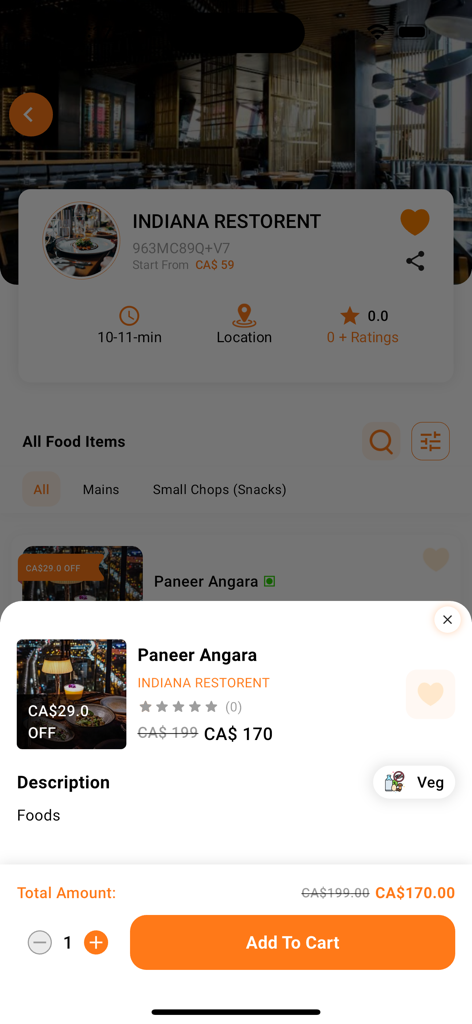 Africaribana Go - Interface do aplicativo móvel Africaribana Go mostrando um menu de restaurante com detalhes de itens de comida e um botão para adicionar ao carrinho
