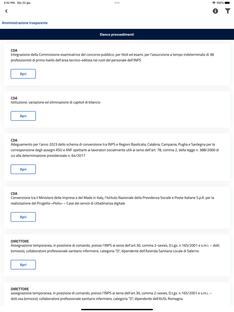 INPS mobile per Tablet - 태블릿용 INPS 모바일 앱에 표시되는 공식 행정 규정 및 법령 목록.
