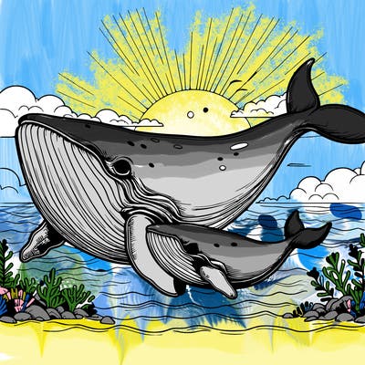 realistic whale in a big wide open with a baby whale