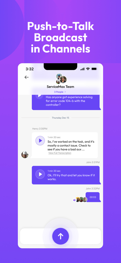 Airwave - Push To Talk (PTT) - Airwave app interface showing a team chat with voice messages and real-time transcriptions for a service team.