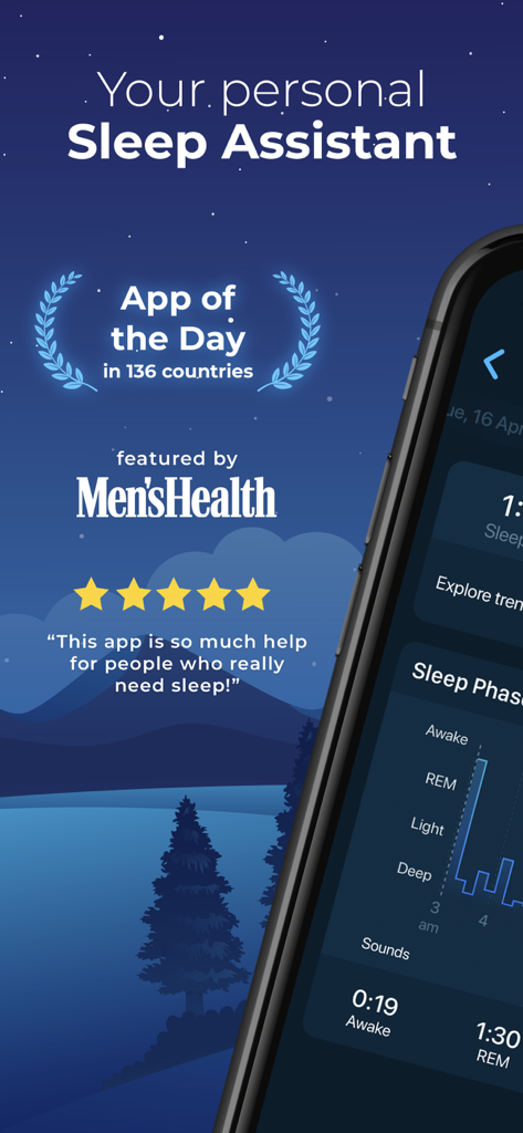Promotional screen for Sleepzy sleep tracker highlighting its status as App of the Day and featuring a five star user review