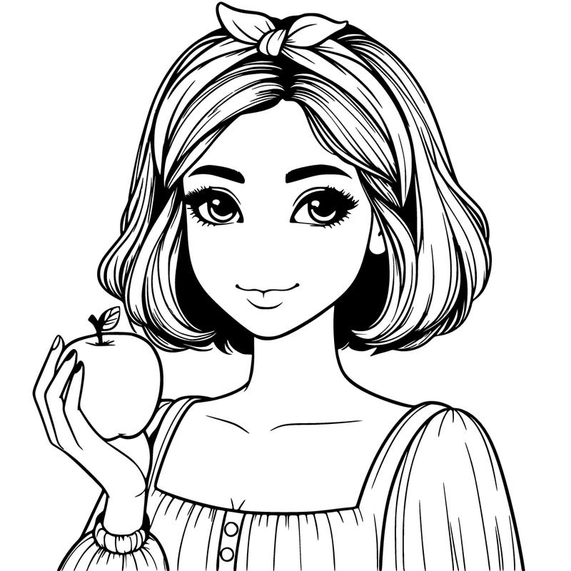 a woman with medium short hair, wearing a headband with a small bow, carrying an apple in her hand, realistic