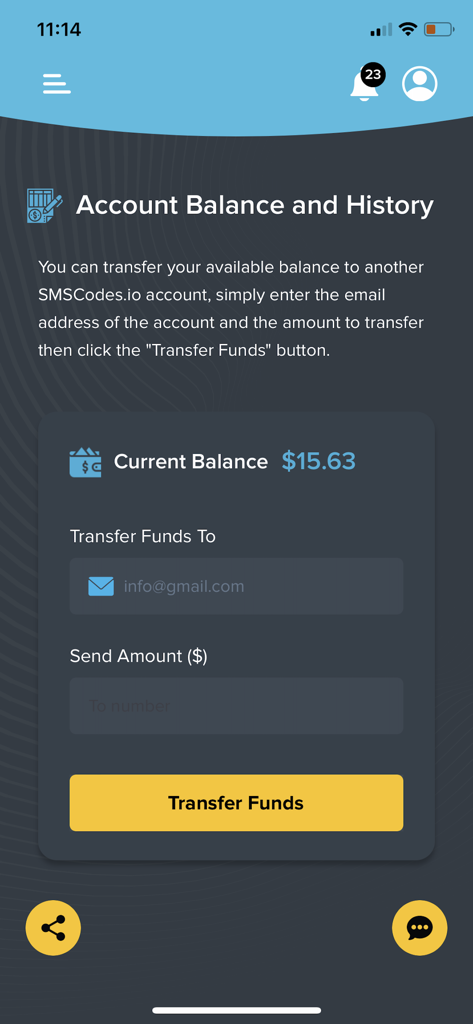 SMSCodes.io - SMSCodes.io 앱 인터페이스로 계정 잔액을 확인하고 계정 간 자금을 이체합니다.