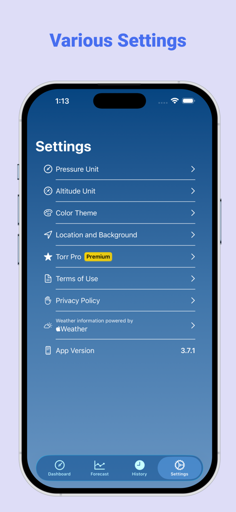 The settings screen of the Torr Barometer Altimeter app showing options for pressure units altitude units and color themes