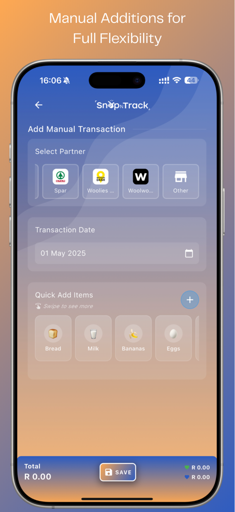 Snap N Track - Interfaz de entrada de transacciones manuales en la aplicación Snap N Track que muestra íconos de artículos de comestibles