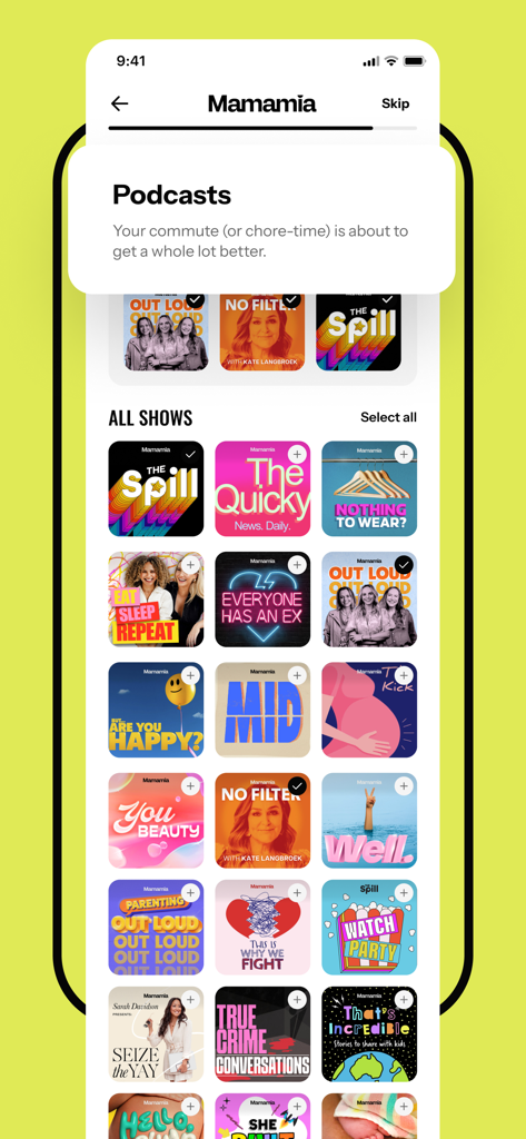 A mobile phone screen showing a list of various podcasts on the Mamamia app including The Spill and The Quicky.