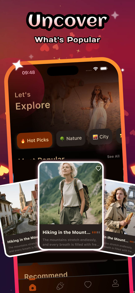 Meci - Meci app interface for discovering popular travel journals and explore categories like nature and city