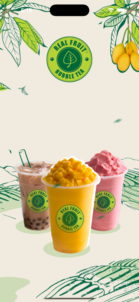Real Fruit Bubble Tea - Écran de démarrage de l'application Real Fruit Bubble Tea présentant des boissons fraîches à base de mangue et du thé au lait