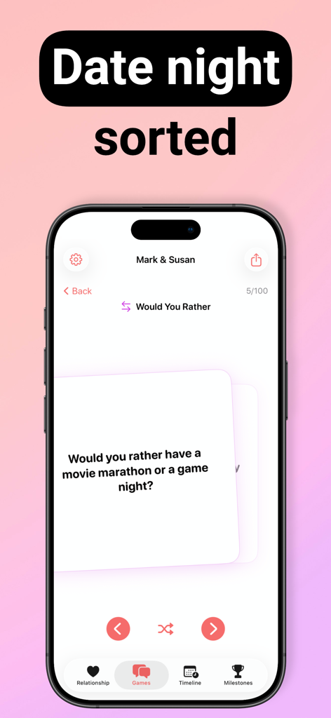 Tela do smartphone mostrando um jogo 'Você Prefere' para casais no aplicativo Relationship Counter
