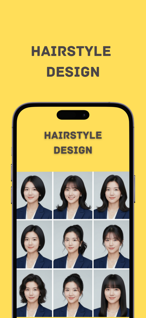 Pics AI: Photo Edit & Retouch - Función de diseño de peinado IA que muestra diferentes opciones de cabello en un retrato profesional.