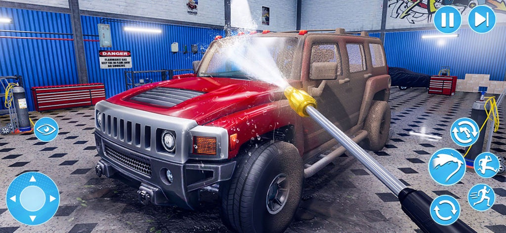 Power Wash Car Cleaning Games - A red SUV being cleaned with a high-pressure water gun in a power wash simulation game.
