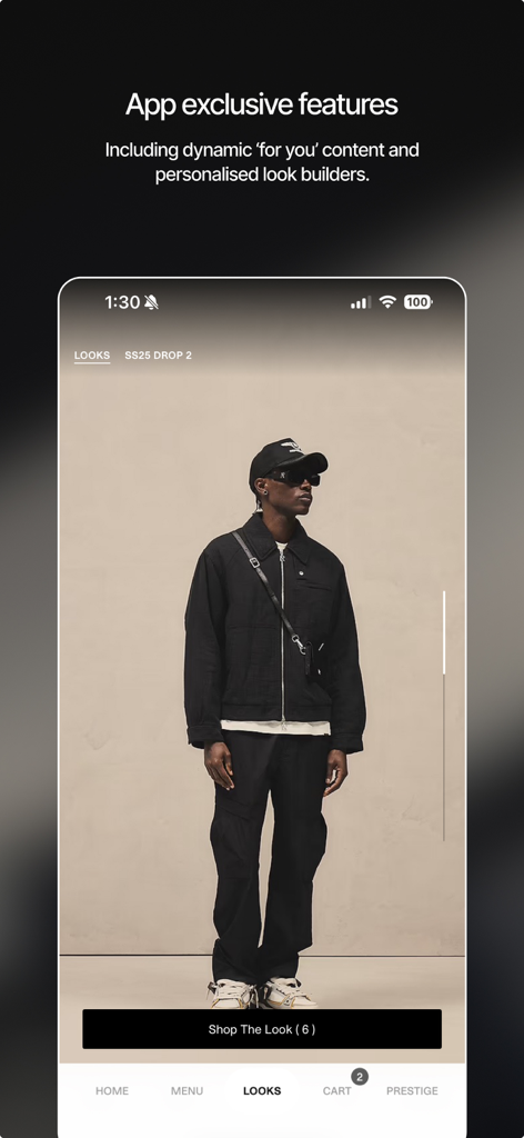 REPRESENT - A screenshot of the REPRESENT app showing a male model in a black luxury streetwear outfit with a personalized look builder feature
