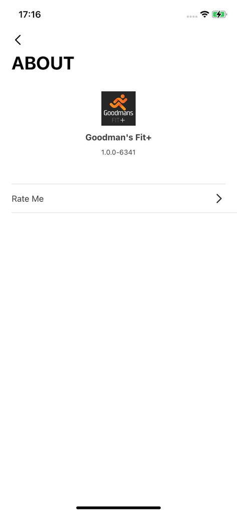 Goodman's Fit+ - About page of the Goodmans Fit plus app showing version details and a rate me option