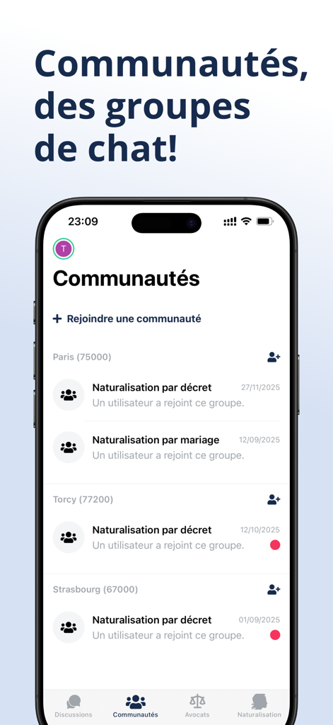 Sospréf: démarches préfecture - Interfaz de la aplicación Sospref que muestra varios grupos de chat comunitarios para procedimientos de naturalización francesa organizados por ciudad.