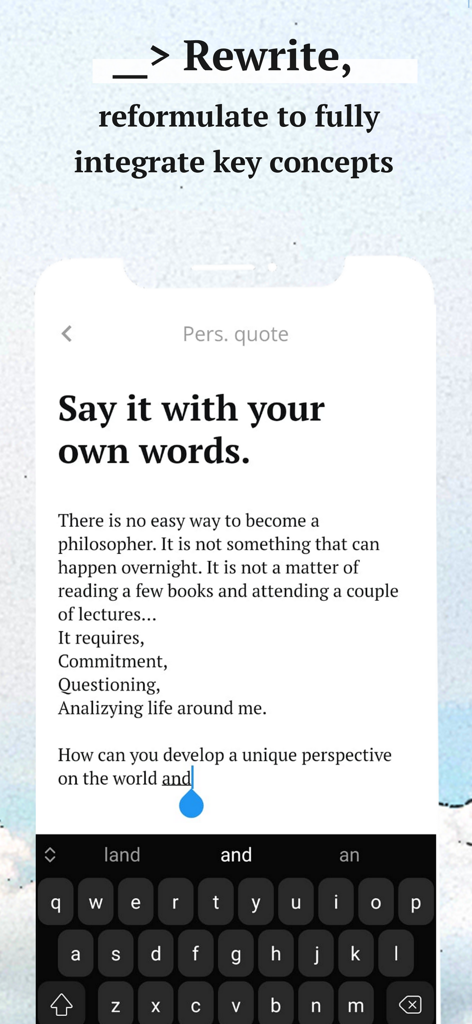mmmarcus: a stoic mindset - A smartphone screen showing a Stoic reflection writing prompt in the mmmarcus app