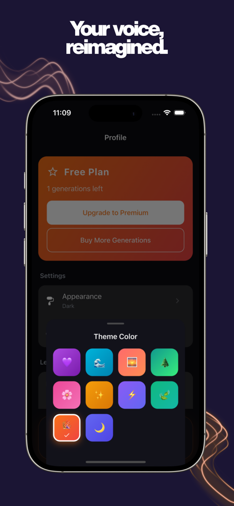 Revoicer AI - Voice Generator - Profile screen of Revoicer AI app featuring subscription options and a theme color picker with various icons.