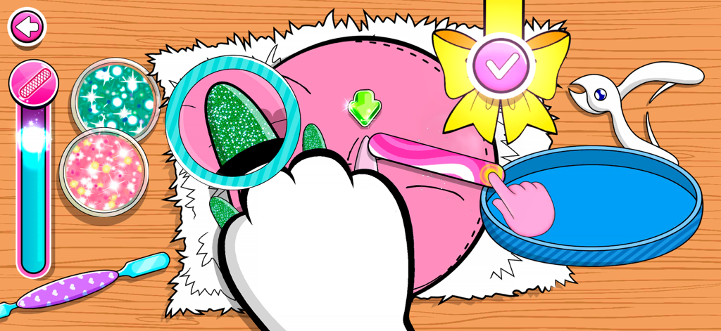 L.O.L. Surprise! Pet Center - Close up view of a pet receiving a green glittery manicure in the spa with a nail file and magnifying glass