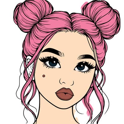 realistic girl with two buns on her hair and lips