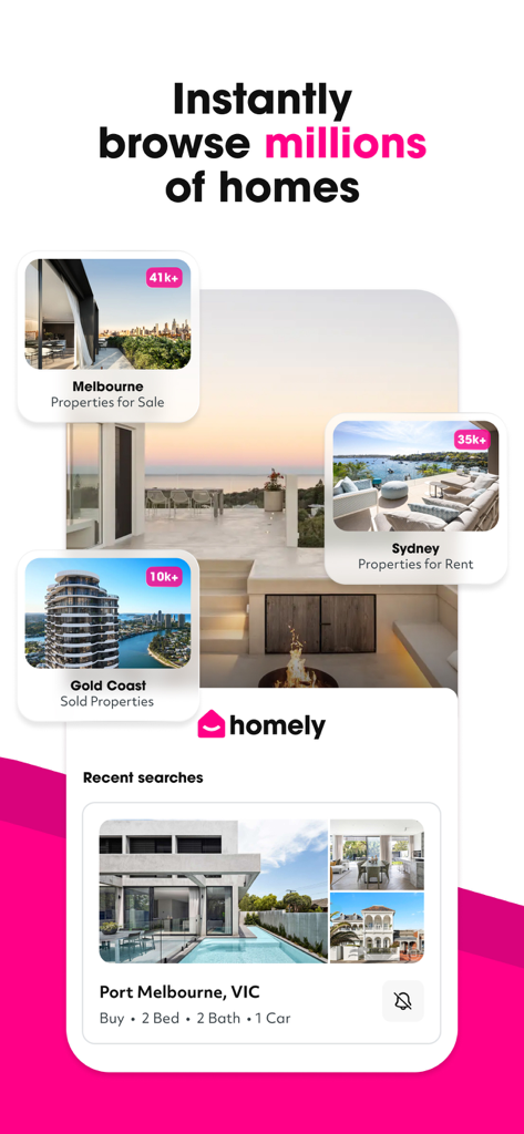 Homely app screen displaying property listings for sale and rent across Australia