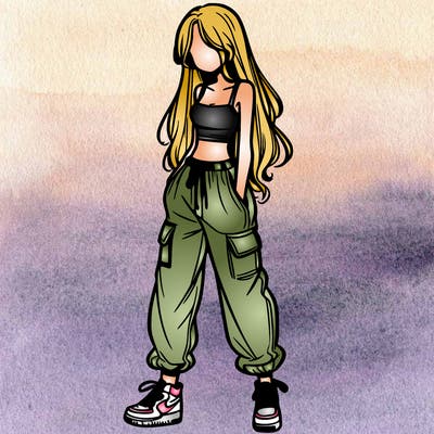 girl in baggy pants crop top and long hair