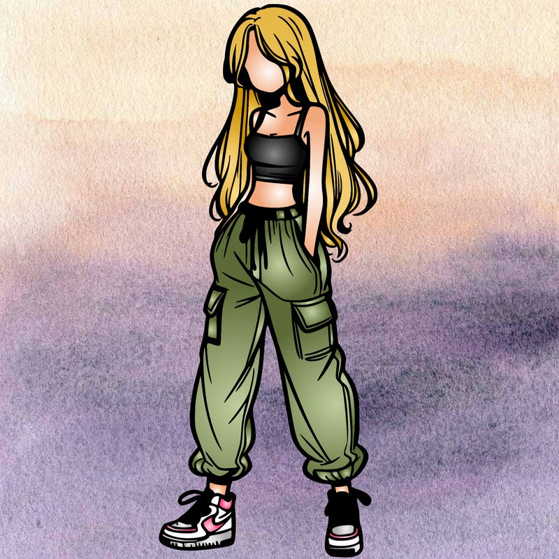 girl in baggy pants crop top and long hair