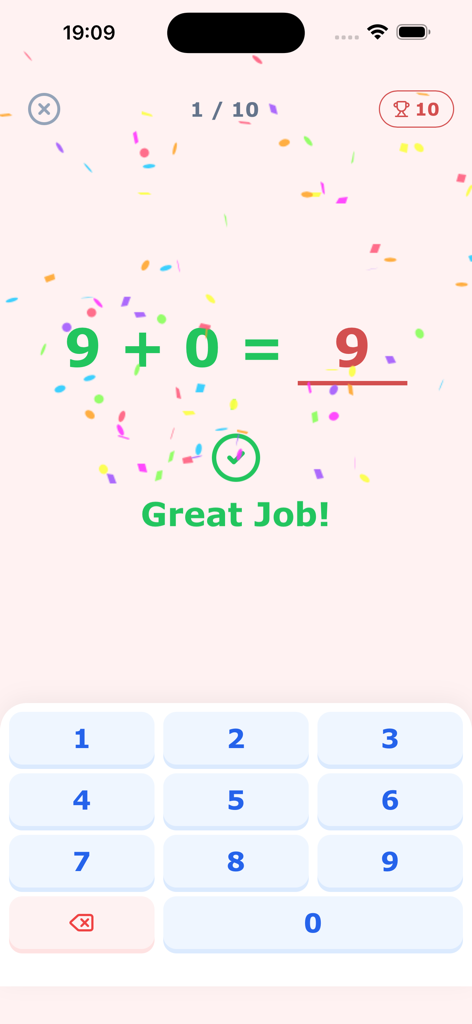 Panda Learn Math - Panda Learn Math app interface showing a solved addition problem with a celebratory Great Job message and confetti