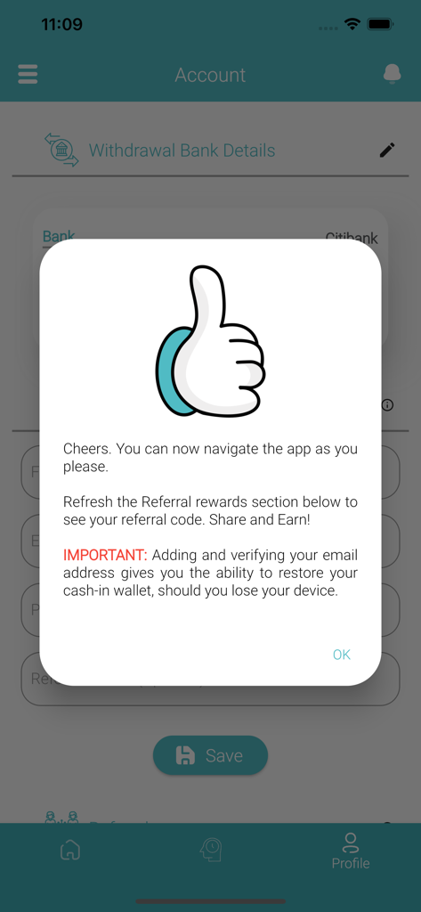 Cash-in: Crypto to naira app - A success popup on the Cash-in app Account screen featuring a thumbs up icon and instructions for referral rewards and email verification.
