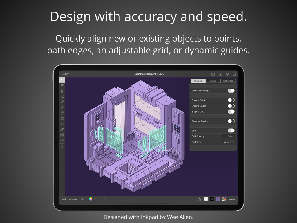 Inkpad - Graphic Design - Inkpad iPad app showing isometric vector design with alignment and snapping tools