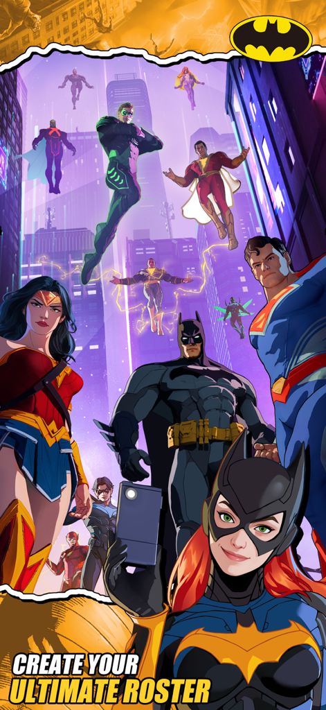 DC: Dark Legion™ - Batichica haciéndose una selfie con Batman, Wonder Woman, Superman y otros superhéroes de DC en una ciudad futurista