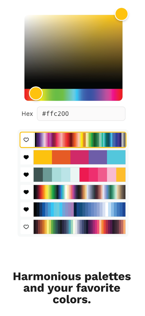 Interface of Make it Mandala app showing a color picker and several harmonious color palettes with a favorites option.