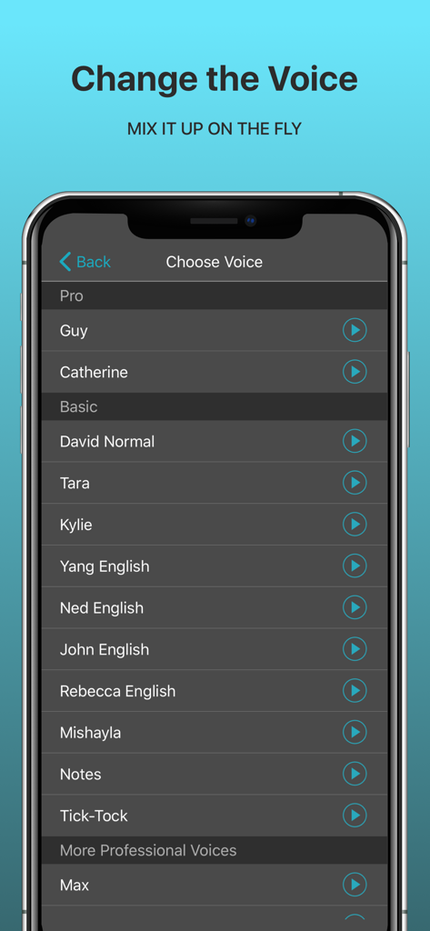 SpeakBeat Metronome - 1 2 3 4 - A menu in the SpeakBeat Metronome app showing various studio-recorded voices for vocal rhythm counting