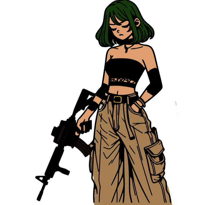 a dangerous girlcrop top and baggy jeans with a rifle in her hand
