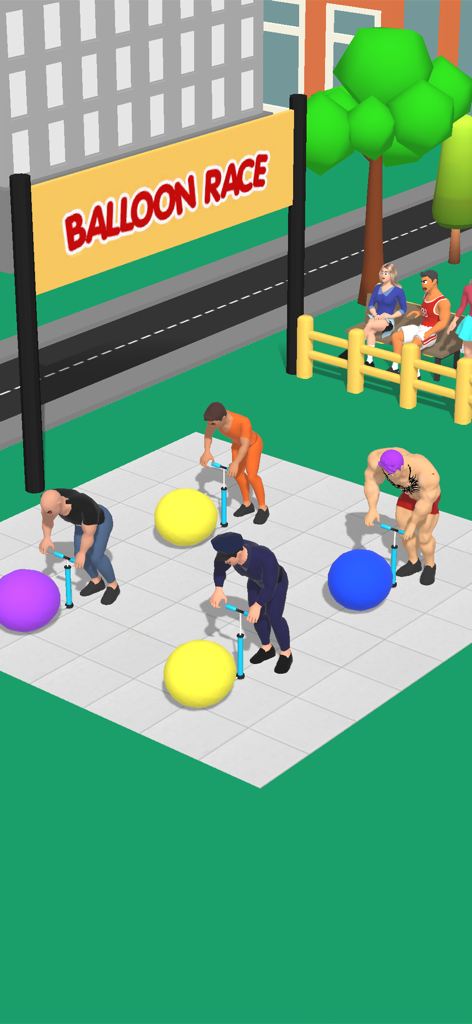 Cartoon-Charaktere pumpen bunte Ballons für ein Rennen in einem 3D-Idle-Clicker-Spiel auf