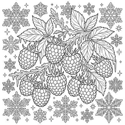 Explore the serene beauty of winter with this unique coloring page featuring luscious raspberries nestled in a wonderland of snowflakes. It's a perfect blend of nature's sweetness and the season's crisp charm, inviting you to add your creative touch.