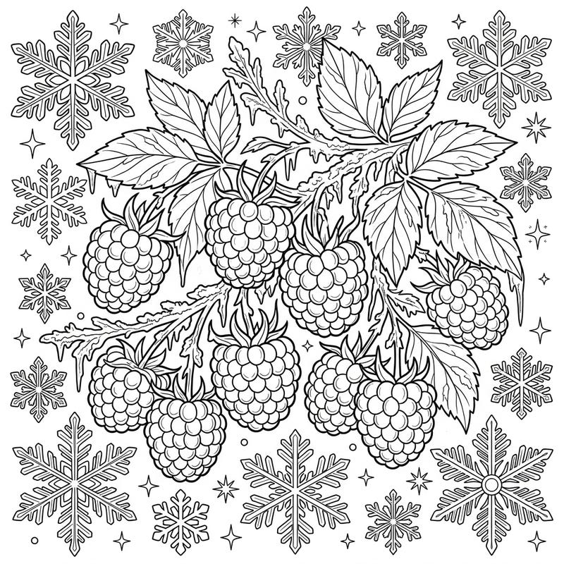 Explore the serene beauty of winter with this unique coloring page featuring luscious raspberries nestled in a wonderland of snowflakes. It's a perfect blend of nature's sweetness and the season's crisp charm, inviting you to add your creative touch.