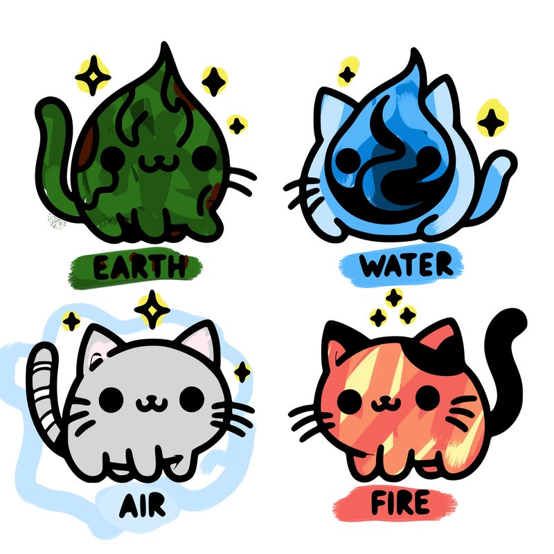 4 cats that represent the different elements, earth, water, air, and fire