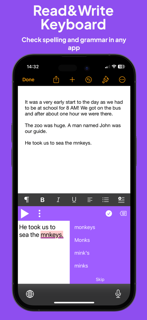 Pantalla de smartphone que muestra el teclado Read and Write proporcionando sugerencias de ortografía y gramática para una palabra mal escrita en un documento.