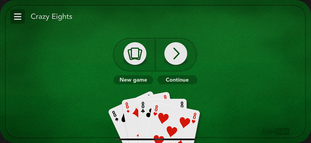 Crazy Eights - Menu principale del gioco di carte Crazy Eights con le opzioni Nuova Partita e Continua su uno sfondo di feltro verde