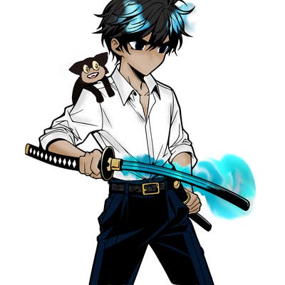 manga guy wearing dress pants and a button up shirt holding a samurai sword