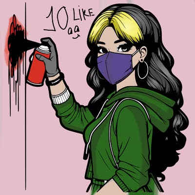 realistic girl with mask spray painting a wall