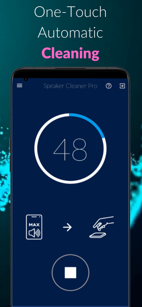 Speaker Cleaner Pro自動クリーニングモードインターフェース、48秒のカウントダウンタイマーが表示されている