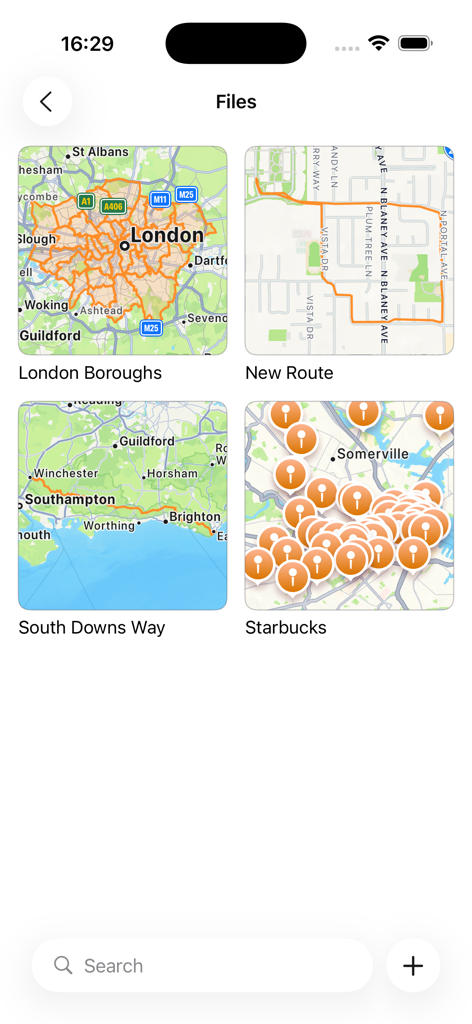 Geodata Map Viewer - Captura de pantalla de la galería de la aplicación Geodata Map Viewer que muestra varios archivos de mapa como London Boroughs y South Downs Way