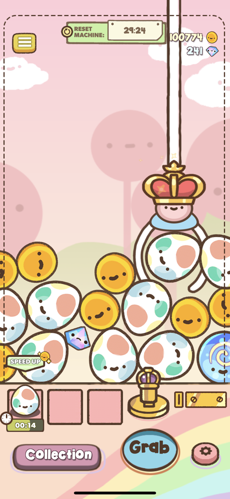 Clawbert - Jugabilidad de máquina de garra kawaii en la aplicación Clawbert con coloridos huevos sorpresa y monedas