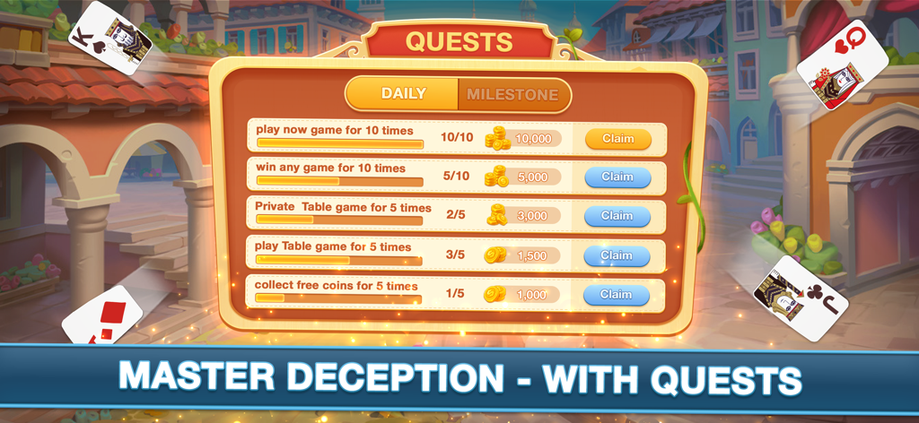 Bluff Card Game - Daily quests and rewards menu in the Bluff Card Game mobile app