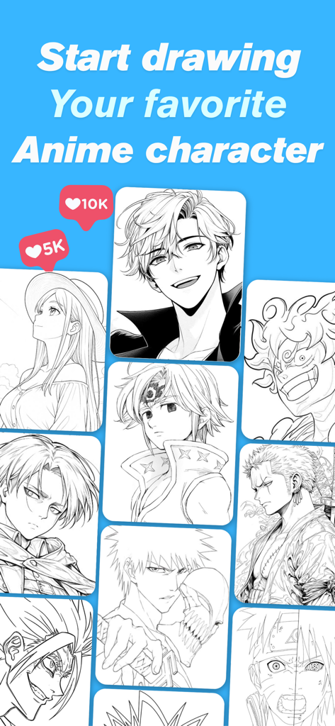 アプリで描画可能な人気アニメキャラクターのスケッチのギャラリー