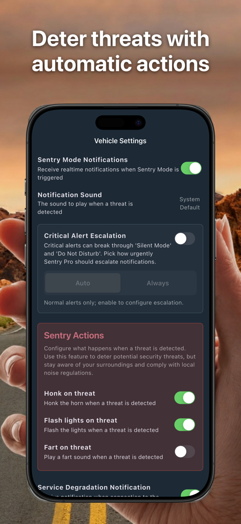 Sentry Pro—For your Tesla - Sentry Pro app interface showing Tesla vehicle settings for automatic security actions like honking and flashing lights