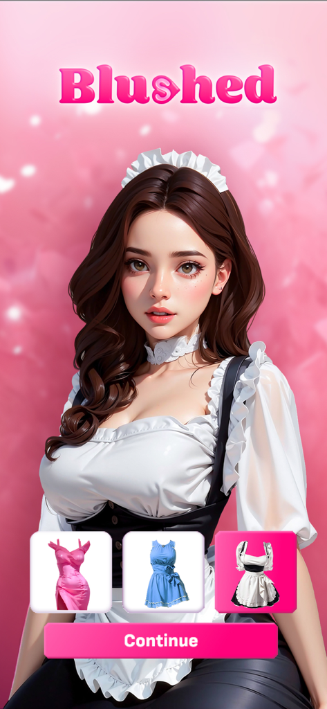 Blushed - Romance Choices - Avatar customization screen in Blushed app showing a character and multiple dress options