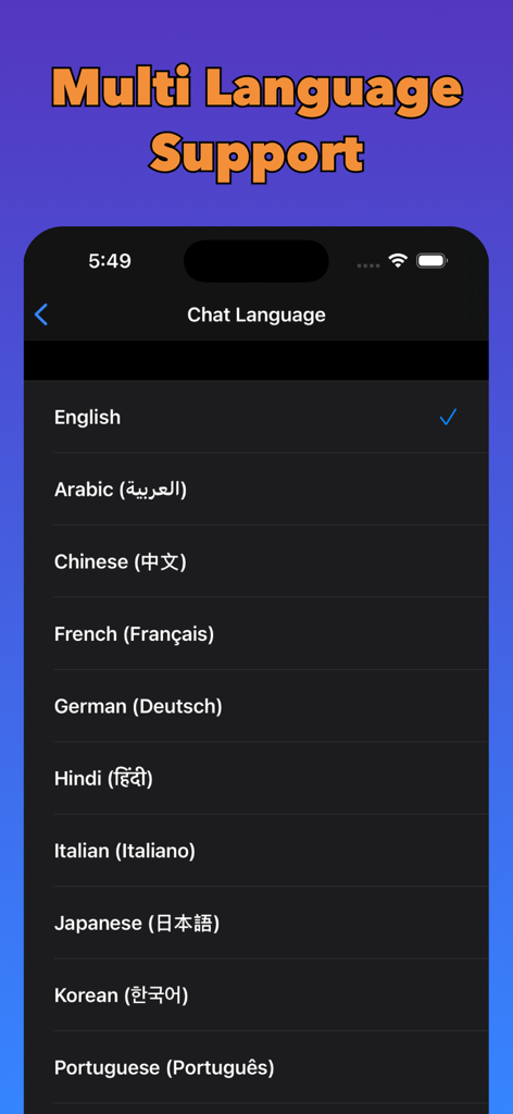 Dream AI Companion - Dream AI Companion app chat language selection screen with multi language support